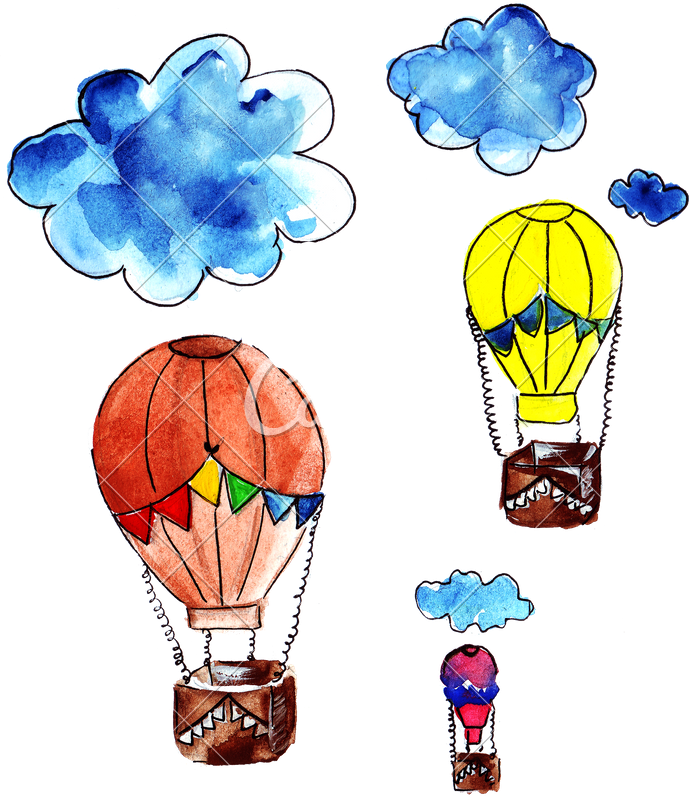 Hand Drawing Of Watercolor Clouds And Flying Balloons - Drawing (689x800)