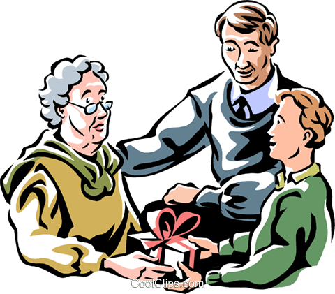Family Exchanging Gifts With Grandmother Royalty Free - Grandmother Clipart With Son (480x421)