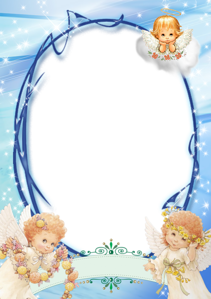 Transparent Blue Png Frame With Angels - Marcos Para Fotos De Bautismo (424x600)