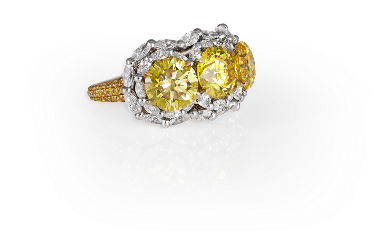 David Morris Vivid Yellow Brilliant Cut Diamond 3 Stone - David Morris Diamond Rings (1400x1004)