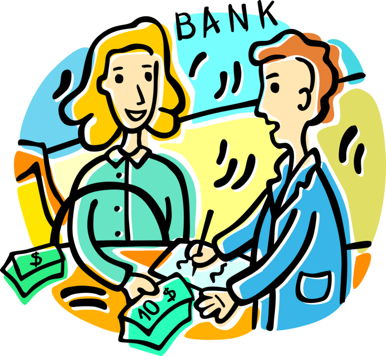Vector Illustration Of Bank Teller And Customer Withdrawing - Deposit Money Clip Art (757x700)