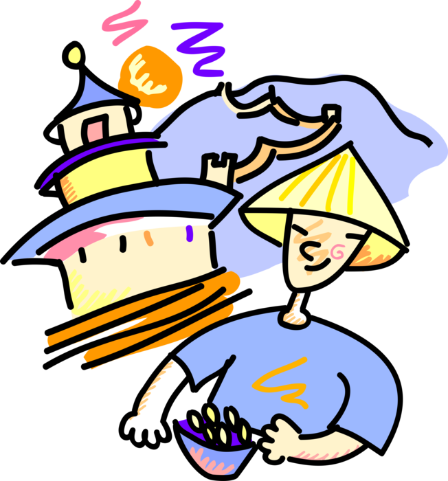 Vector Illustration Of Chinese Peasant Eating Rice - Great Wall Of China Clipart (652x700)