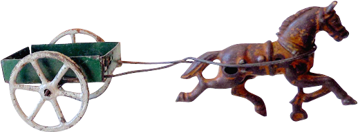 Vintage Toy Cast Iron Horse Pulling Tin Cart - Horse With Cart Png (517x517)