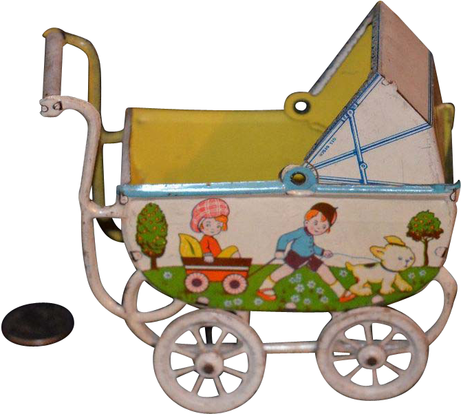 Old Doll Tin Litho Carriage Pram German Adorable - Doll (669x669)