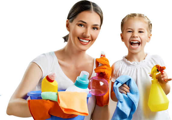 Woman And Girl Cleaning Supplies - Cleaning (570x399)