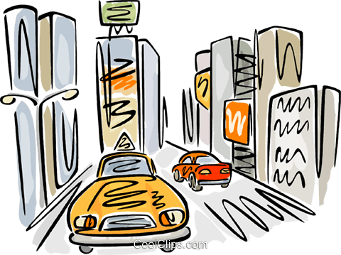 Taxi On A Busy Street Royalty Free Vector Clip Art - Clip Art (480x359)