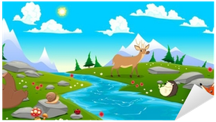 Mountain Landscape With River And Animals Sticker • - Cartoon River And Animals (400x400)
