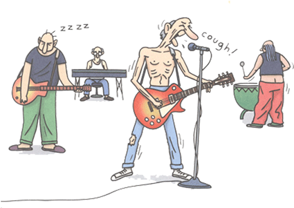The Top Ten Ways A Musician Knows He's Getting Older - Old Rock Band Cartoon (452x300)
