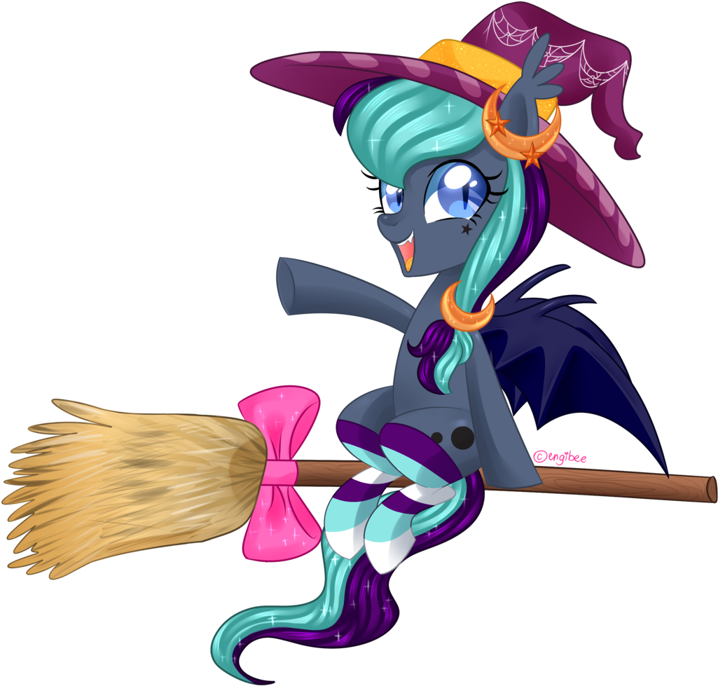 Engibee, Bat Pony, Bow, Broom, Clothes, Female, Flying, - Cartoon (1138x1024)