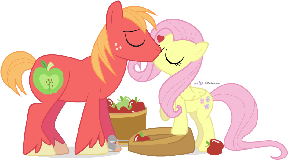 Love And Apples By Dm29 - Mlp Fluttershy And Big Mac Kiss (1000x560)