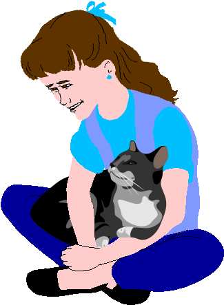 Cat Attachment Cartoon Of Seated Girl Holding Her Cat - Girl And A Cat Cartoon (351x479)