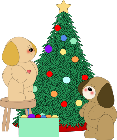 Dogs Decorating Christmas Tree Clip Art - Decorating Christmas Tree Clip Art (375x447)