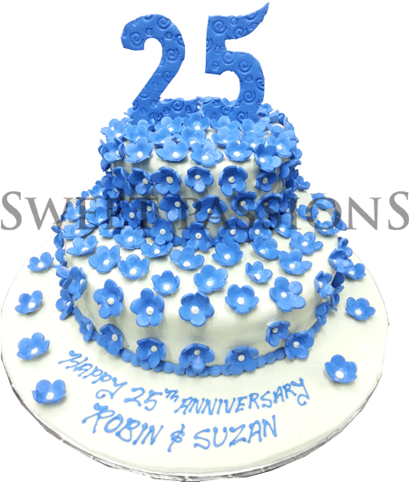 2 Tier Small Blue Flowers 25 Nos - Birthday Cake (450x600)