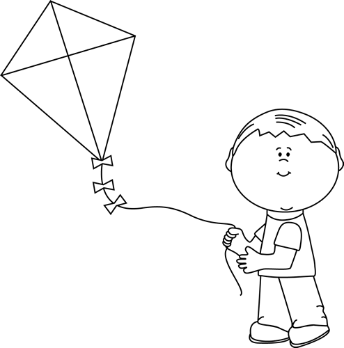 Black And White Boy Flying A Kite - Boy Flying A Kite Clipart Black And White (494x500)
