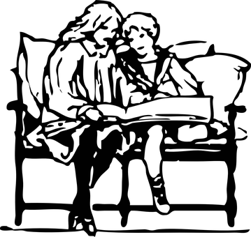 Black And White, Mom, Child, Mother, Kid - Mother And Son Reading Drawing (359x340)