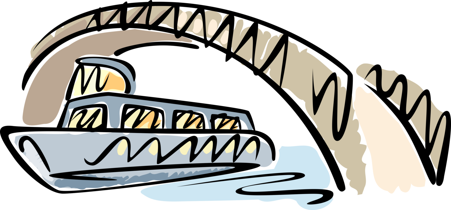 Vector Illustration Of Tourist Sightseeing Passenger - Boat Under The Bridge Cartoon (1504x700)