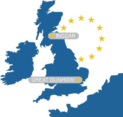 Map With Atlas Branches In Biggar And Essex - Stockport On Map Of Uk (420x399)