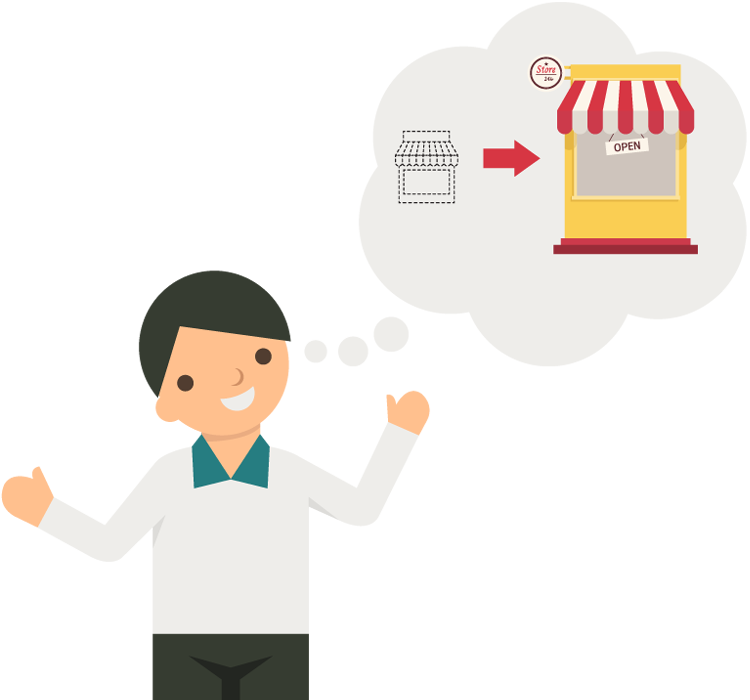 Cartoon Business Man Thinking Of Make A Big Store - Store Business Cartoon (750x700)