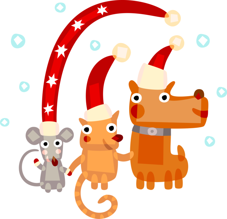Vector Illustration Of Cat, Dog, And Mouse Animals - Christmas Card Background Template (725x700)