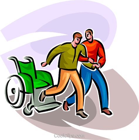 One Man Helping Another Man Royalty Free Vector Clip - Person Getting Out Of A Wheelchair (474x480)
