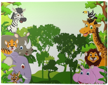 Animals Cartoon With Tropical Forest Background Canvas - Jungle Cartoons Frame (400x400)