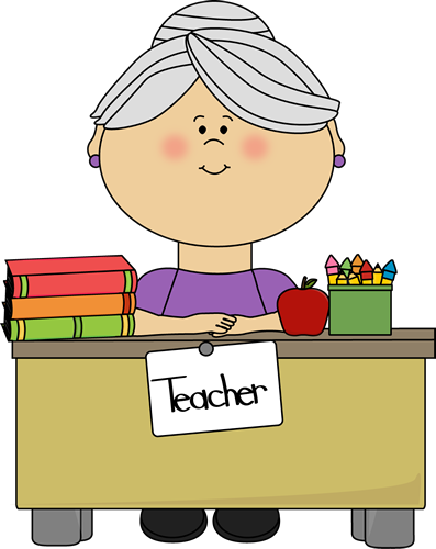 Teacher With Gray Hair Sitting At A Desk - School Teacher Clipart (397x500)