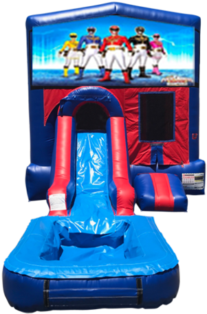 Power Rangers Mini Red & Blue Bounce House Combo W/ - Inflatable Paw Patrol Water Slide (394x480)