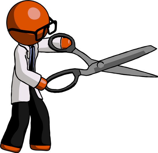 Orange Doctor Scientist Man Holding Giant Scissors - Clip Art (550x531)