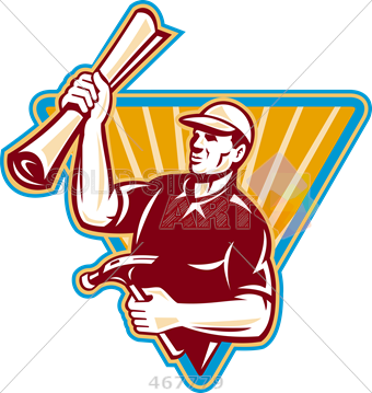 Stock Illustration Of Old Fashioned Cartoon Rendition - Carpenter Holding A Buildin Square Sticker 3" X 3" (340x359)