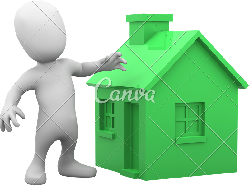 3d Little Man Outside Green House - 3d Rendering (800x595)