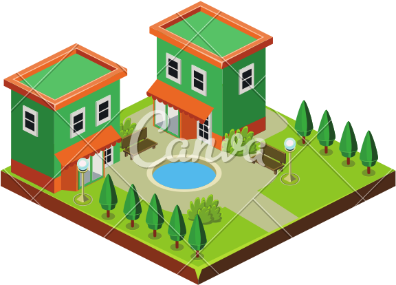 Isometric Modern House With Backyard - Vector Graphics (800x800)