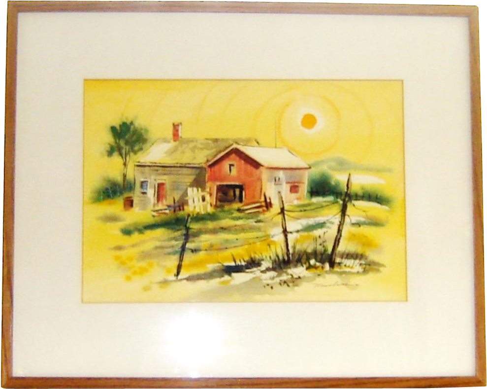 Musselman California School Style Watercolor Farm Landscape - Picture Frame (988x988)