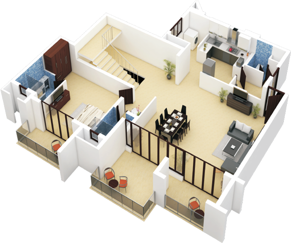 3d Duplex - Duplex Flat Design Plans (600x508)