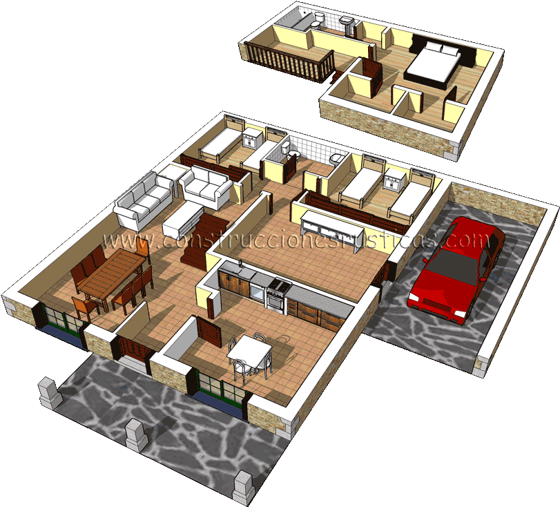 3d De Distribución Interior De Casa Rústica De Piedra - Planos De Casas Pequeñas Modernas De Un Piso (838x767)