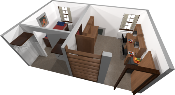 A 3d Layout View Of A Double Room In Adams - Room (600x328)