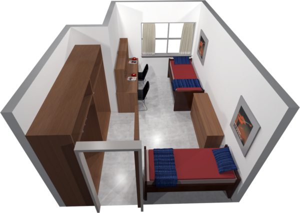A 3d Layout View Of A Two-window, Double Room In Witte - Sellery Hall Uw Madison (600x426)