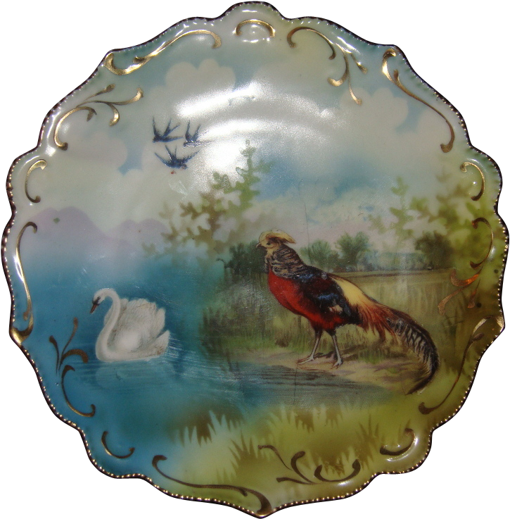 Scarce Rs Prussia Triple Scene Pheasant Swan Bluebirds - Porcelain (736x736)