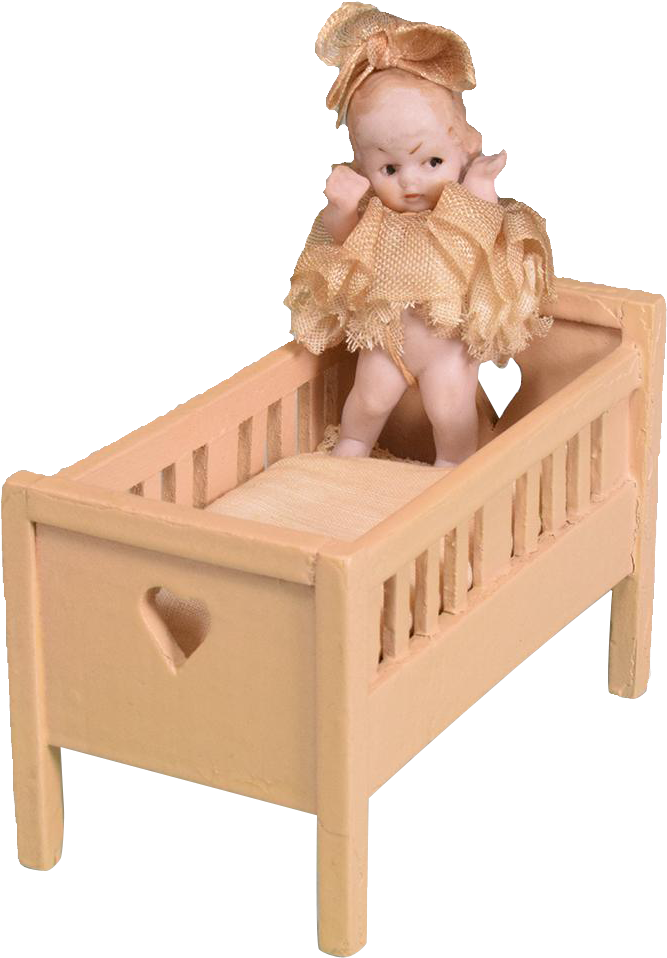 Dollhouse Wooden Crib With German Hertwig All Bisque - Cradle (957x957)
