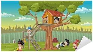 Cute Happy Cartoon Kids Playing In House Tree On The - Backyard Cartoon Cute (400x400)