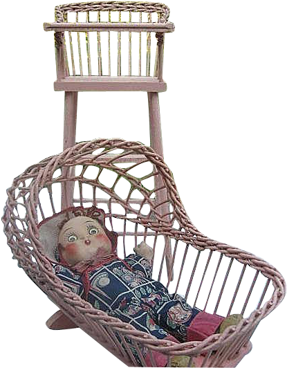 Vintage Pink Wooden Wicker Doll High-chair And Cradle - Wicker (531x531)