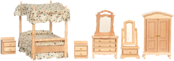 1/2 Inch Scale Dollhouse Canopy Bedroom Set In Oak - Bedding (600x600)