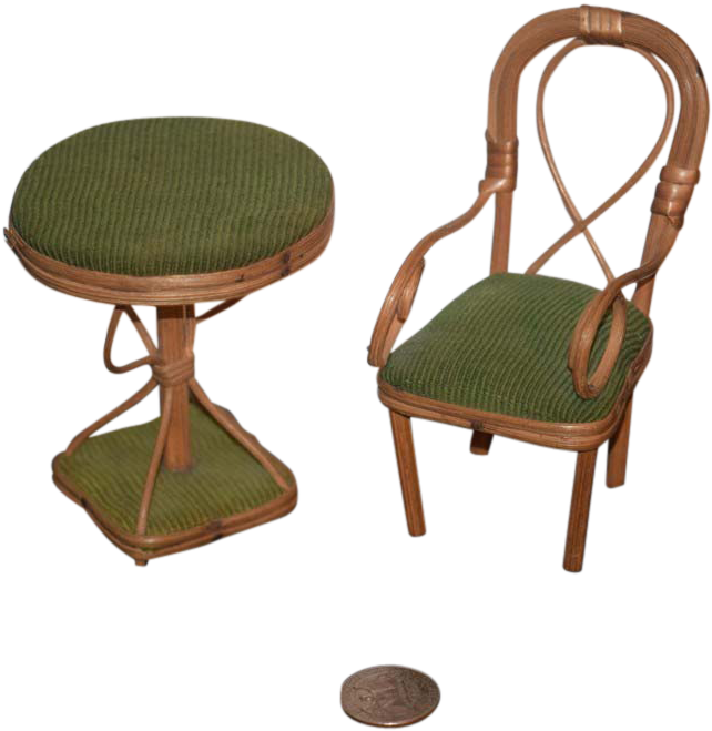 Antique Doll Miniature Wicker Rattan Wood Chair Table - Chair (658x658)