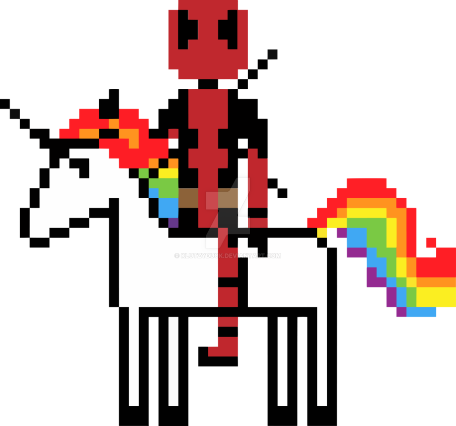 Deadpool Riding A Unicorn By Klutzyduck - Unicorn And Deadpool Pixel Art (924x864)