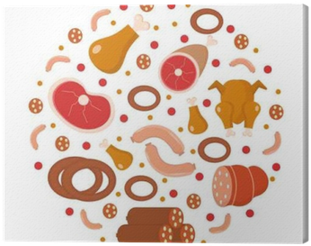 Meat And Sausages Icon Set In Round Shape, Flat, Cartoon - Колбаса Фон (400x400)