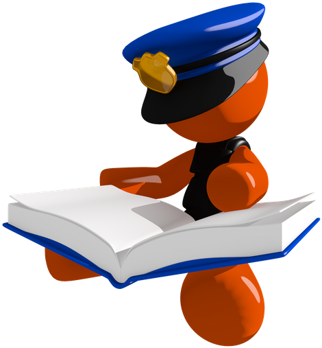 Orange Man Police Officer Sitting Reading Big Book - Police Officer Reading Book (529x550)