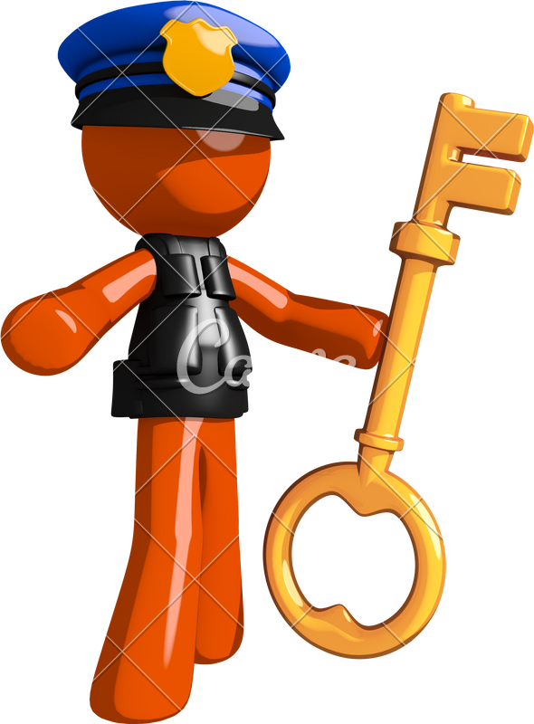 Orange Man Police Officer Holding Key - Cartoon (590x800)