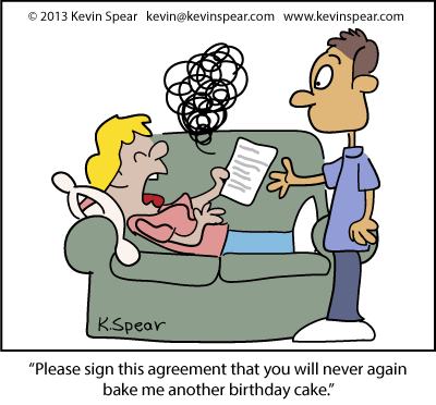 Cartoon Of A Sick Woman Asking A Man To Sign A Contract - Happy Birthday With Your Wife (400x372)