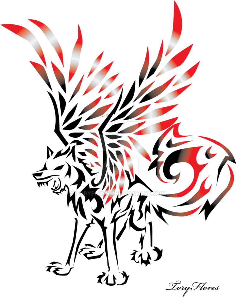 Winged Tribal Wolf By Toryflores - Tribal Winged Wolf Drawings (781x1022)