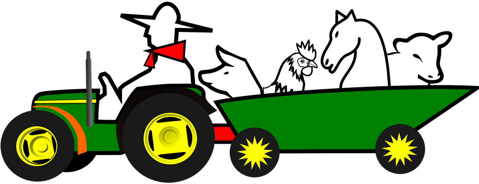 Farmer, Animals, Car, Farm, Green, Horse - Moving Tractor Animation (960x480)