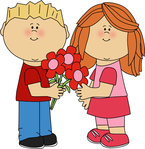 Kids With Valentine's Day Flowers Clip Art - Valentines Day Clipart For Kids (486x500)